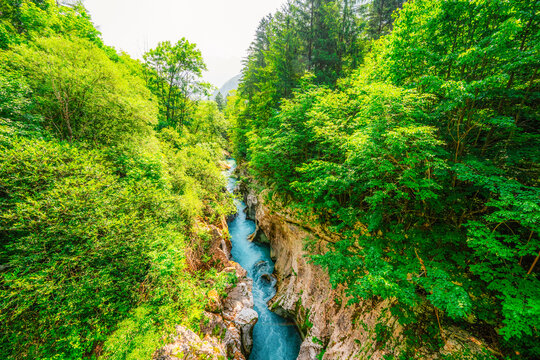Velika Korita or Great canyon of Soca river near Bovec in Slovenia. Great river soca gorge in Triglav national park. Soca waterfall