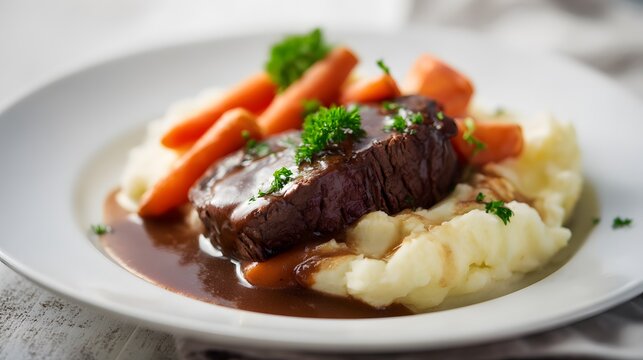 Hearty beef steak dinner with creamy mashed potatoes and vibrant carrots bathed in warm light