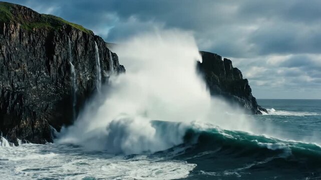 Ocean wave crashes cliffside.