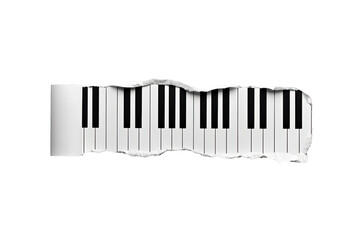 Fototapeta premium Piano key musical notes tearing through paper, concept of classical music instrument revealing sound and melody