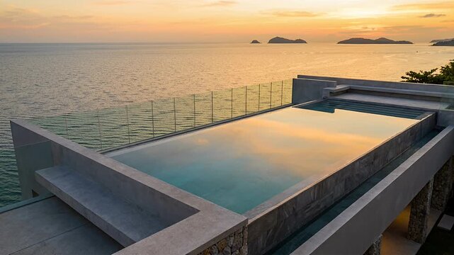 infinity pool over ocean at sunset with glass railing