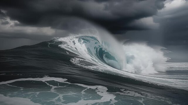 stormy ocean wave curling under dark clouds, dramatic sea swell