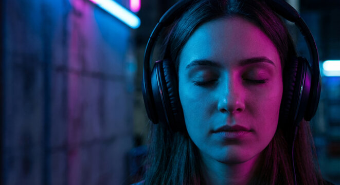A young woman with her eyes closed wears headphones, bathed in the blue and pink glow of neon lights, suggesting she is immersed in music or a virtual experience.