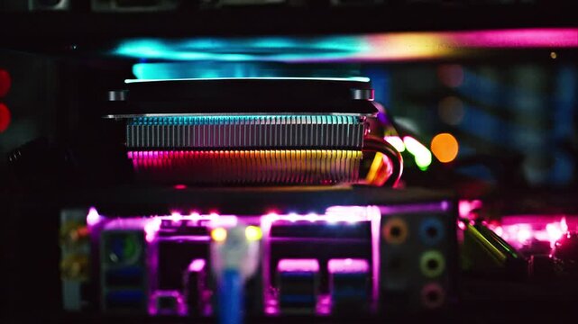 Close up view of the internal components of a powerful gaming pc in a dark room.