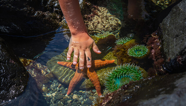 Child Hand Touching Starfish in Clear Tide Pool with Marine Life