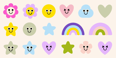 Fototapeta premium Colorful smiling shapes and rainbows create a whimsical playful pattern