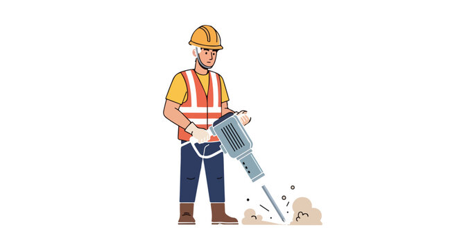 Construction worker using jackhammer on white background, professional road builder in safety vest and hard hat, industrial laborer with pneumatic drill