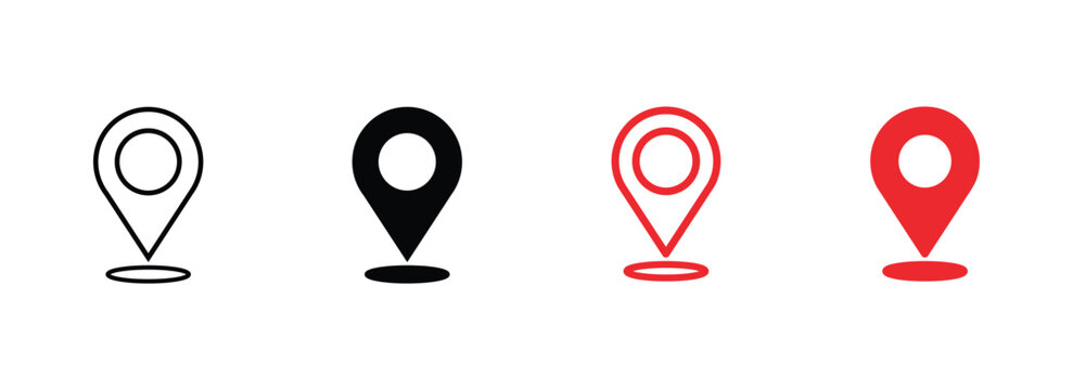 Location map pin icon set in outline and filled styles, black and red navigation address direction symbols vector illustration