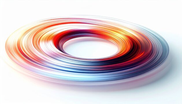 Abstract toroidal shape with glowing red orange and blue light streaks on white background