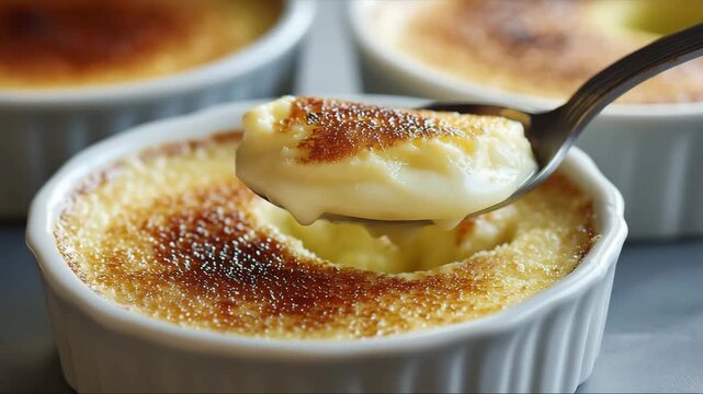 The spoon is scooping creme brulee delight silky vanilla custard with caramelized sugar crusts from ceramic bowl. Delicious creme brulee with creamy texture
