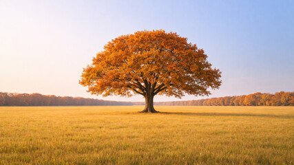 Fototapeta premium Majestic Oak Tree with Orange Leaves in Autumn Field at Sunset, Fall Landscape, Golden Hour