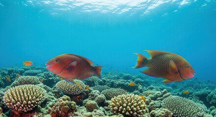 Fototapeta premium Coral reef with colorful fish swimming in crystal clear water 