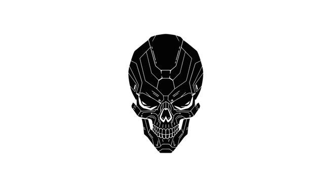 Minimal Mech Skull Icon with Geometric Lines in Solid Black