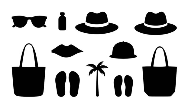 Summer fashion accessory silhouette set including sunglasses hats sandals beach bags and seasonal style elements in simple clean vector illustration