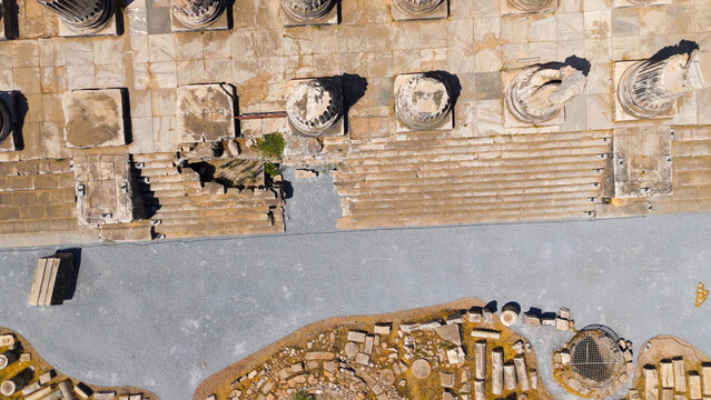Didim, Turkey. Aerial view of Didyma archaeological excavation, Apollo Temple ruins being studied and preserved. Aerial View