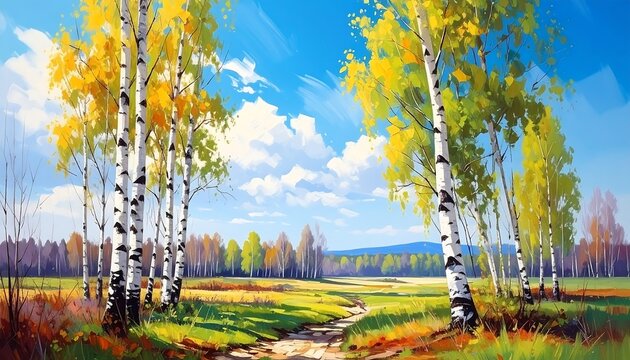 Autumn landscape birch trees frame a field under a bright blue sky