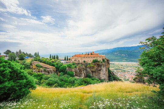 The  Meteora monastery, rocky monasteries complex in Greece near Kalabaka city. Holy Monastery of Saint Stephen