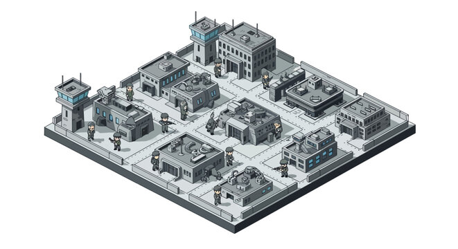 Isometric 3D military base illustration showcasing a detailed army compound with various buildings, guard towers, and defensive structures in a clean vector design against a bright white