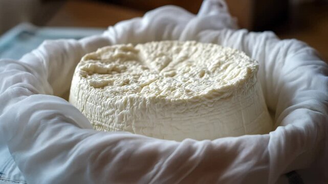 Homemade cheese in white cheesecloth, Process of making cheese, Cottage cheese