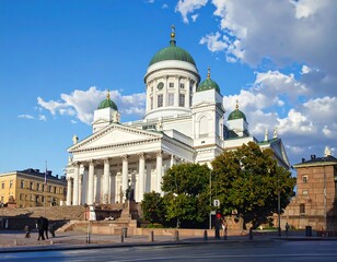 Obraz premium A white church with green domes and columns