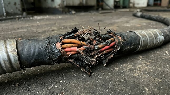 Damaged industrial electrical cable with exposed frayed copper wires and burnt insulation in a gritty workshop setting
