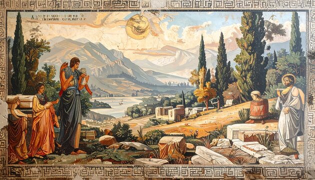 Ancient landscape with figures in classical attire