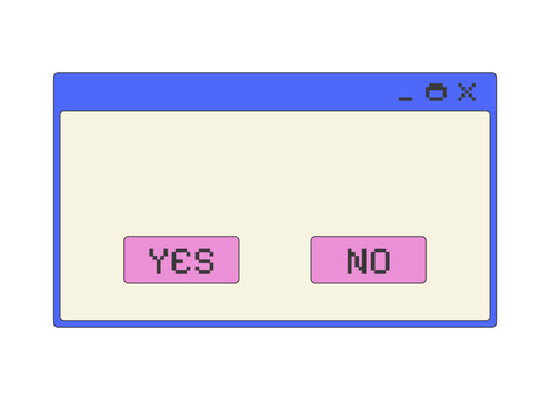Confirmation with yes no buttons pixel art popup window UI overlay. Computer user decision making. Blank system dialog boxes. Blocky interface element in retro 8bit style. Bitmap-inspired UX design