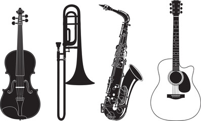 Naklejka premium Musical instruments collection including violin, trombone, saxophone and acoustic guitar, jazz and 