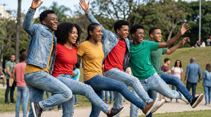 Joyful group of young adults celebrating Juneteenth with vibrant clothing, dancing energetically in a sunny park, surrounded by lush greenery and a lively crowd