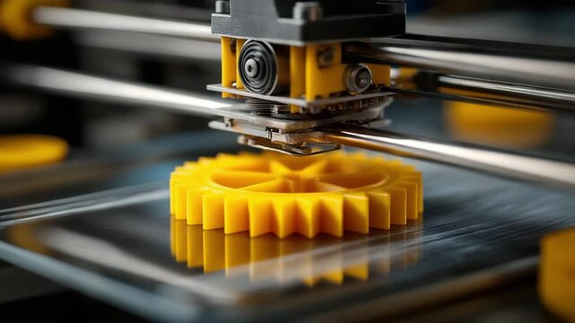 Close up of 3D printer making yellow gear, advanced production and structure with intricate design