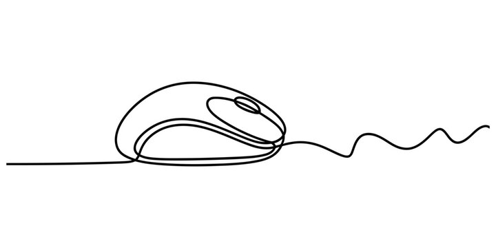 A continuous single line drawing of a computer mouse with a long cord against a white background Vector, illustration