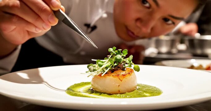 Chef preparing gourmet seafood dish plate.