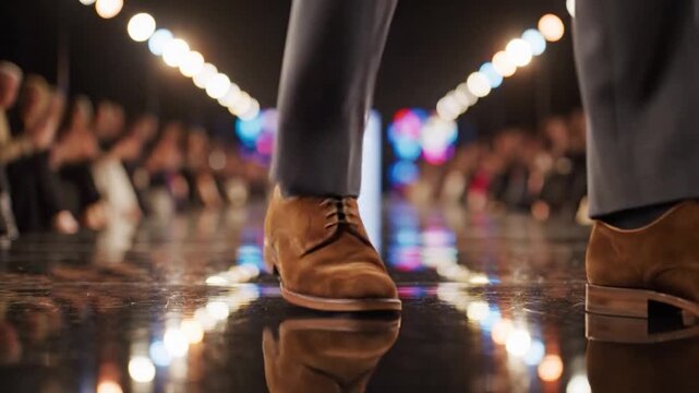 A model walks down a reflective runway during a professional fashion show event with blurred audience members in the background