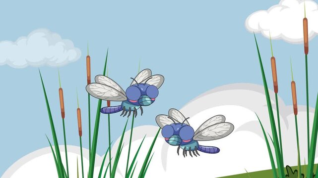 Cartoon Dragonfly Animation with Educational Text in a Pond Setting