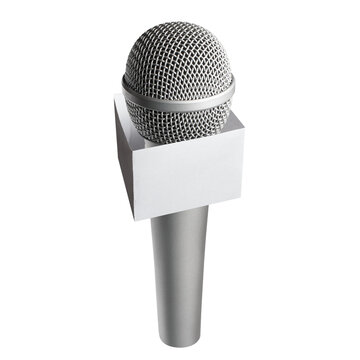 Handheld microphone with blank square label for branding, isolated on cutout transparent background