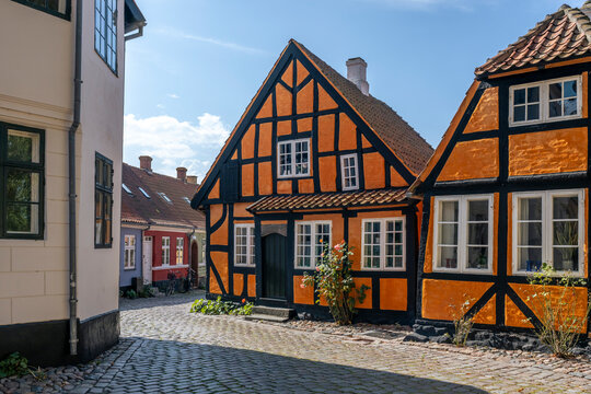 Colorful half timbered house in historic old town of Faborg Denmark
