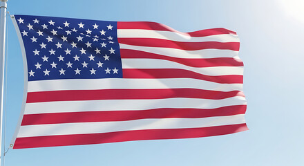 Fototapeta premium Realistic American Flag Waving Against Clear Blue Sky