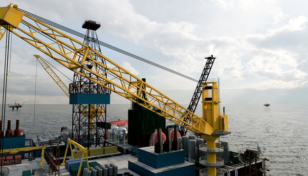 Offshore oil platform with cranes and industrial equipment at sea