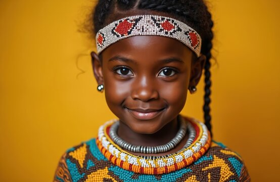 Young African girl with braided hair wears traditional beaded headband and necklace. She smiles in studio against yellow background. Ethnic beauty and heritage shown.