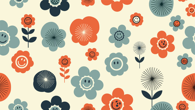 Vintage 70s style seamless pattern of stylized flowers with smiley faces in shades of orange and blue on a light cream background.