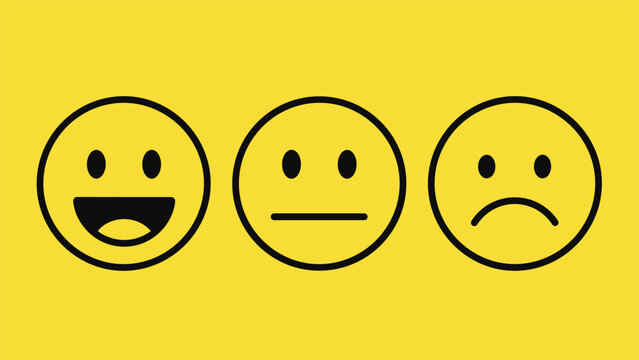 Three simple black line art smiley faces representing happy, neutral, and sad emotions on a bright yellow background.