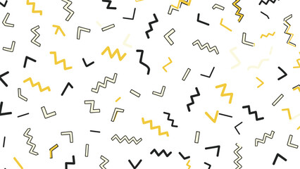 Obraz premium Dynamic memphis style background featuring a scattered pattern of black and yellow zigzags and geometric shapes on white.