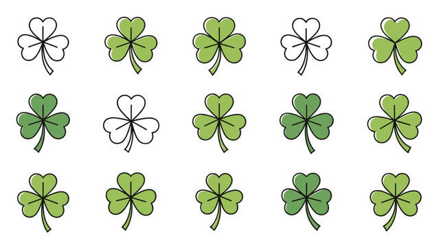 Grid of fifteen three leaf clovers in various shades of green and simple black outlines for st patrick day.