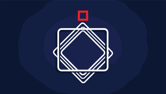 Abstract geometric design with overlapping white square and diamond frames and a red accent on a blue background.