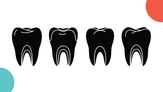 Set of dental health icons showing various stages of tooth anatomy and decay against a simple white and colored background.
