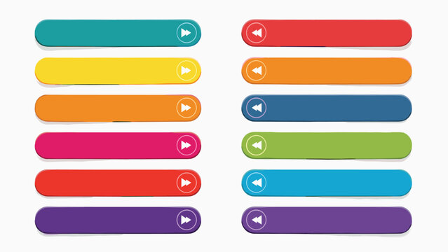 Collection of twelve horizontal web buttons in various bright colors featuring white play and reverse arrow symbols on ends.