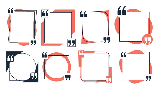 Eight decorative quote box templates featuring various shapes, quotation marks, and orange accents for text presentation.