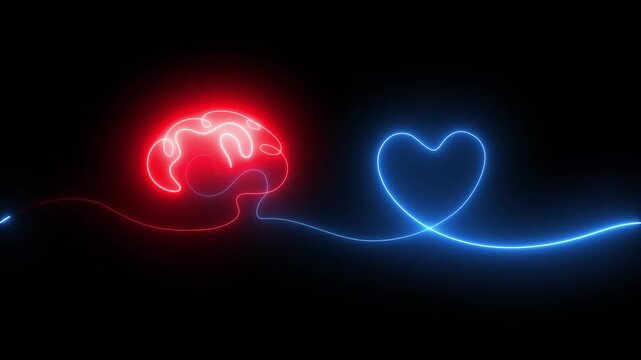 Neon glowing brain connected to a heart animation isolated on black background