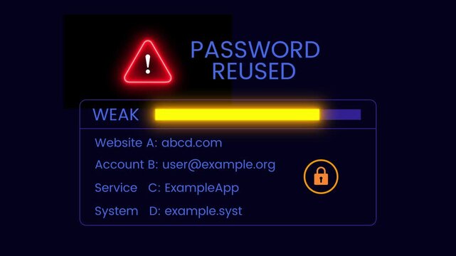 Password reused triangle alert icon weak strength animation isolated on black background