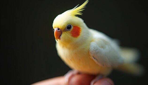 Small yellow cockatiel bird with orange cheeks perches on finger. Cute pet parrot looks attentively with its dark eye and orange beak. Avian interaction close up indoor.